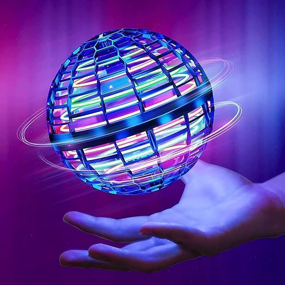 Glowing blue boomerang ball floating above an outstretched hand against a purple background