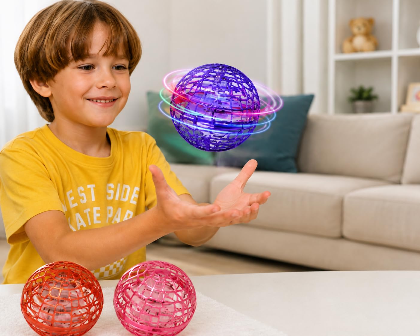 Smiling child playing with a glowing purple flying ball at home, with colorful balls nearby