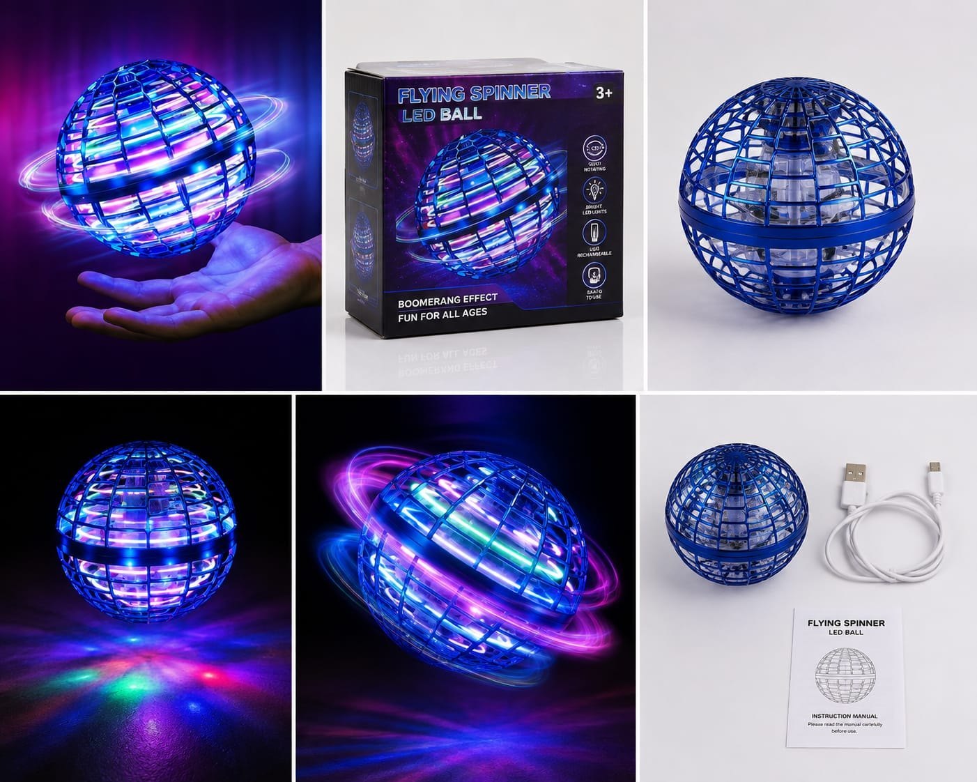 Collage showing the flying LED ball, its packaging, glowing light trails, charging cable, and instruction manual
