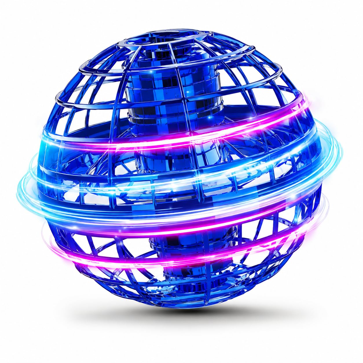 Close-up of a blue flying boomerang ball with pink and blue light trails on a white background
